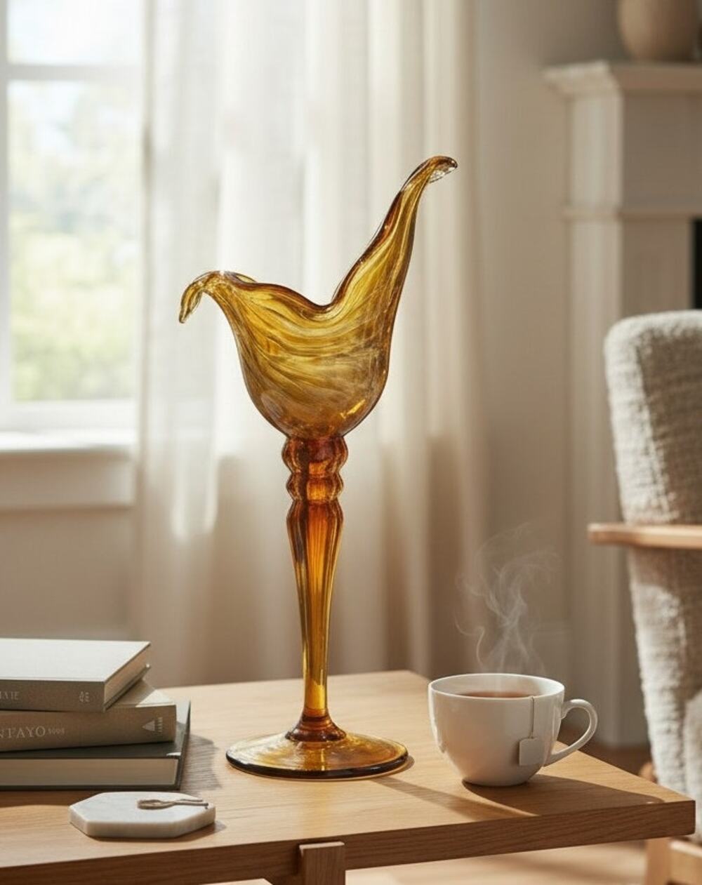 Murano White & Golden Brown Glass Pillar Candle Holder Made in Italy 13.5"